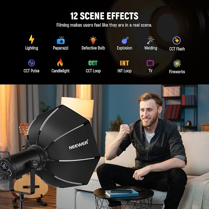 NEEWER CB200B 210W LED Video Light with 2.4G/APP Remote Control, All Metal Bi Color COB Continuous Output Lighting with Bowens Mount 90000Lux/1m 2700K-6500K CRI/TLCI97+ 12 Effects for Video Recording