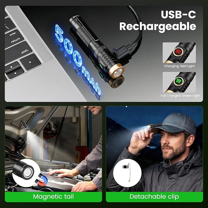 Yemao Rechargeable Keychain Flashlight with Chain,600 High Lumens EDC Pocket Flashlights, Mini Flashlight with 6 Modes for Home Daily Use,Outdoor Emergency (Expandable)
