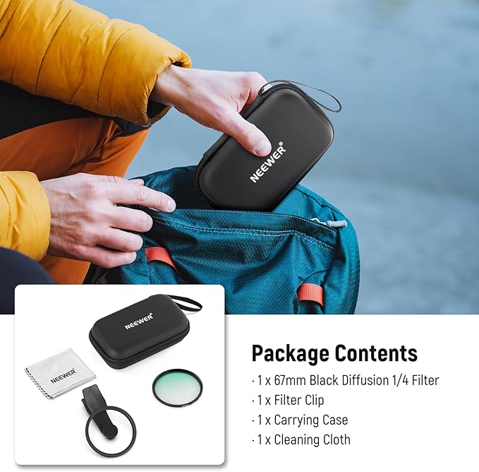 NEEWER 67mm Clip On Black Diffusion 1/4 Filter for Phone, Photography Camera Lens Accessories Kit Compatible with Android Samsung S25 Ultra Google Pixel Huawei Xiaomi, FL-B20