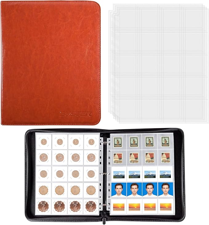 BYSTER Coin Collection Book, 30 Pack 600 Pockets Coin Sleeves, Coin Collection Holder Album, Coin Collection Organizer Storage Box Case (Coin Flips Not Included), Reddish Brown