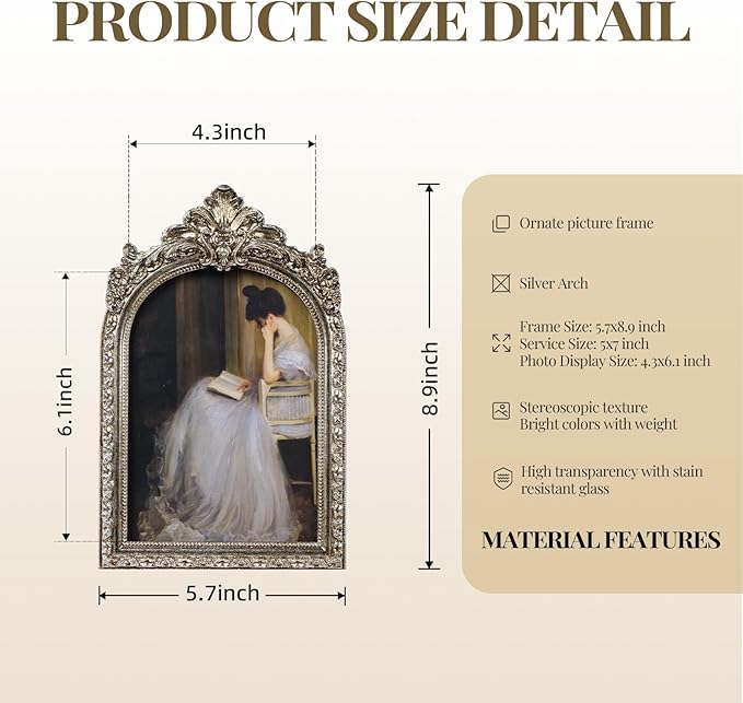 Cuspin Vintage Silver Picture Frame 5x7, Ornate Resin Arched Photo Frame with Plexiglass Front for Tabletop or Wall Display, Antique Home & Wedding Decor