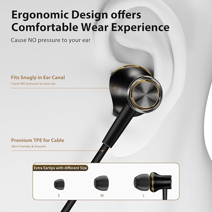 Jiunai USB C Headphones for Samsung S26 Type C Wired Earbuds with Mic In Ear Magnetic Snap S M L Ear Tips Stereo Corded Earphone for iPhone 17 16 15 Galaxy S25 S24 for iPad Pro Pixel 10 9 Black & Gold