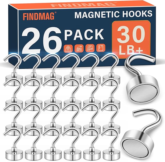 FINDMAG Magnetic Hooks for Cruise Cabins, 30lbs Strong Magnets with Hooks, N52 Neodymium Magnetic Hooks for Hanging, Kitchen, Classroom, Workshop, 2026 Cruise Cabin Ship Essentials (26 Pack, Silver)