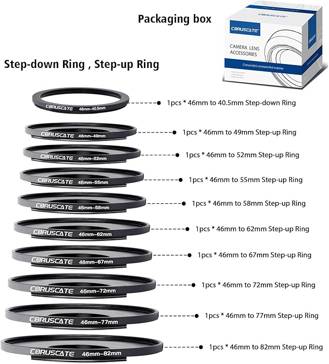 10Pcs 46mm Filter Ring Adapter Set, Lens Filter Stepping Rings for All Brands UV ND CPL (46-40.5mm,46-49mm,46-52mm,46-55mm,46-58mm,46-62mm,46-67mm,46-72mm,46-77mm,46-82mm)
