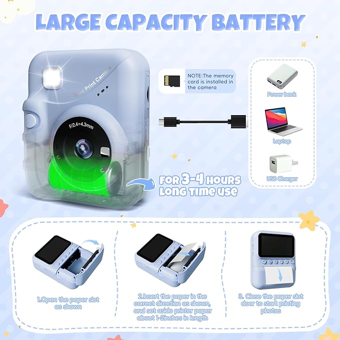 Kids Camera Instant Print, 3.0'' Screen 48MP Photo Instant Camera for Kids with 32GB Card, 1080P HD Digital Child Printable Toy, Gift for 3-12 Year Old Girls Boys