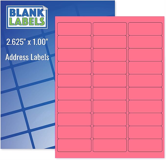 Blanks Labels Fluorescent Pink FBA & Mailing Labels from Blank Labels - 2-5/8" x 1" (2.625 x 1) - 30 Labels Per Sheet