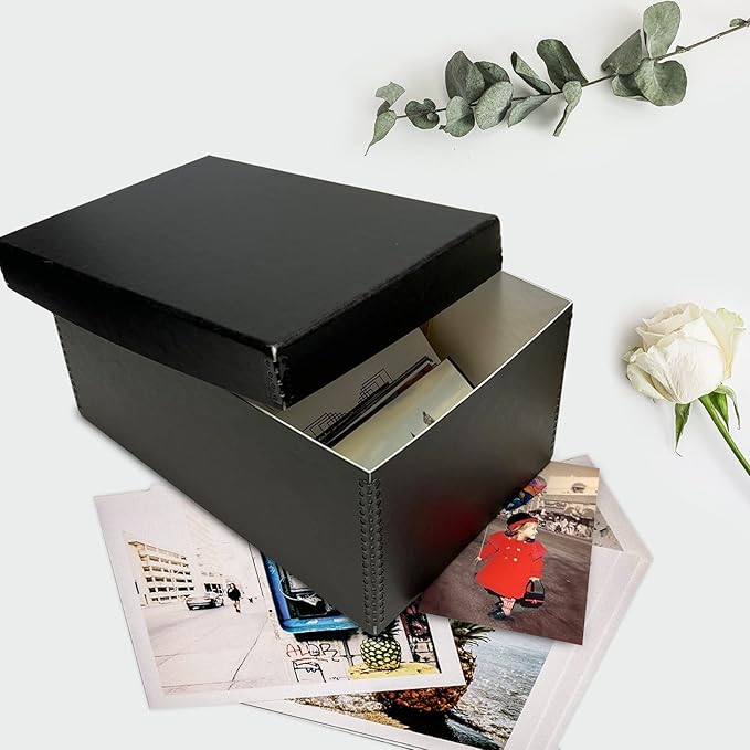 Lineco Archival Photo Storage Box, Holds up to 1100 of 5x7 Pictures, 4x6 Photograph Container with Removable Lid. Preserve Snapshot, Negatives, Prints, Films, Card, 5"x7"x12", Black