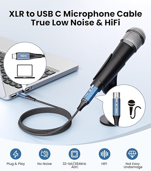 Tisino XLR to USB C Microphone Cable, Upgraded Hi-Fi Audio Recording Cable USB C Microphone Cable for Dynamic Microphones/Recorder/Laptop/Tablet, 0.5m/1.6ft