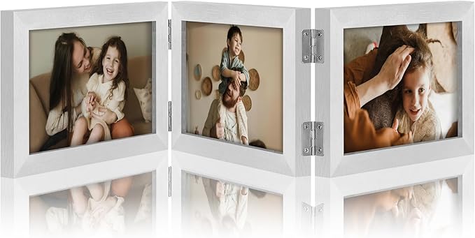 decorUhome Triple 6x4 Picture Frame Horizontal, Engineered Wood Trifold Photo Frame with Plexiglass for Tabletop Display, 6x4, Silver
