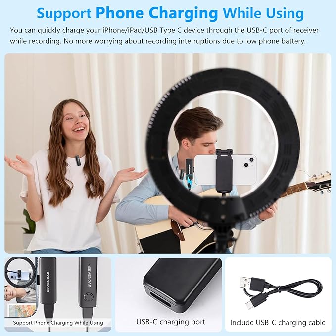 Sevenoak Wireless Lavalier Microphone for iPhone,MFi Certified, Plug Play Noise Cancelling Lapel Mic with 196ft Transmission,10H Working Time,Cordless Clip on Mic for Video Recording Live Streaming