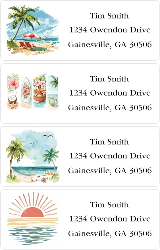 Address Labels Personalized Return Address Labels, 2.6" x 1" Summer Beach Custom Mailing Label for Envelopes (30-1200) Customized Self Adhesive Stickers Printable Mail Envelope Adress Label, White