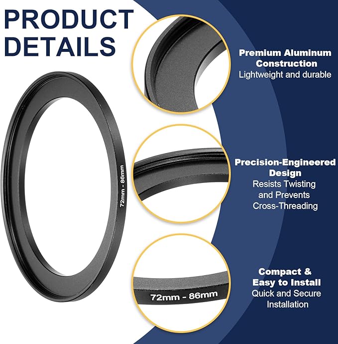 PATIKIL Step-Up Ring Adapter 72mm to 86mm, Filter Step-up Rings Camera Lens Filters Metal Ring Digital for ND IR DSLR Lenses, Black