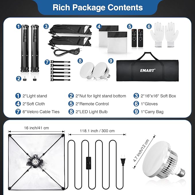 EMART Softbox Lighting Kit, 16"X16" Soft Box, 3000K-6000K 85W LED Bulbs with Remote, 65" Tripod, Professional Softbox Photography Lighting Kit for Studio Lights, Portrait, Video Recording(2PACK)