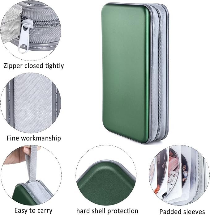 DVD Case, Bivisen CD Case Holder Wallet Binder 96 Capacity CD/DVD Cases Storage Holder Binder Organizer Wallet Book for Car Home Travel (Dark Green)