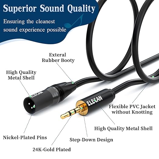Elecan 3.5mm (1/8 Inch) TRS Aux Male to XLR Male Cable 20 Ft, Balanced Professional Shielded Stereo Microphone Cable Cord, Gold Plated for DSLR Camera Mixer Headphones with 3.5 to 6.35mm Adapter+Ties