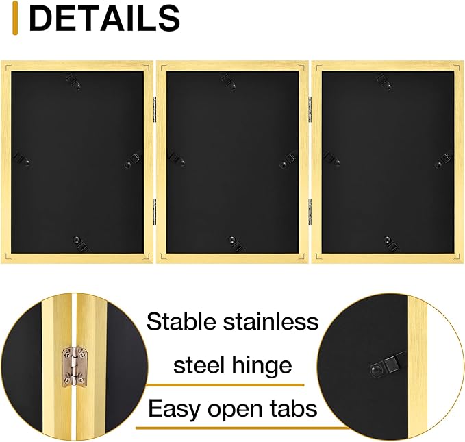 decorUhome Triple 5x7 Picture Frame Vertical, Engineered Wood Trifold Photo Frame with Plexiglass for Tabletop Display, 5x7, Gold