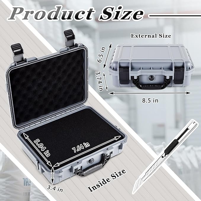 Relaxweex 1 Pcs 8.5 x 6.5 x 3.7 Inch Waterproof Hard Case with DIY Customizable Foam Insert Portable Protective Case with Knife for Camera Drones Equipments Tools Test Instruments (Gray)