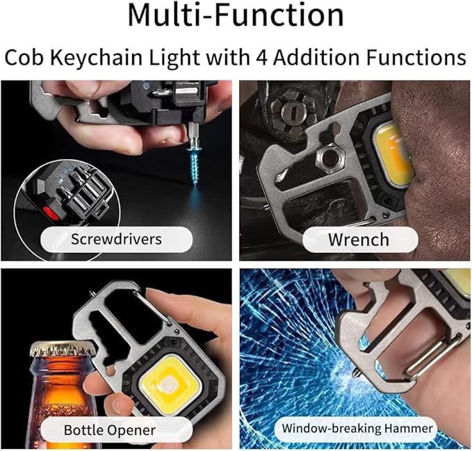 BY-J Cob Mini Flashlight Keychain Light, 500 Lumens Bright Rechargeable, Small Multi-Function Work Light, 7 Modes Portable Pocket Light Battery Display Bottle Opener for Camping Emergency Lighting