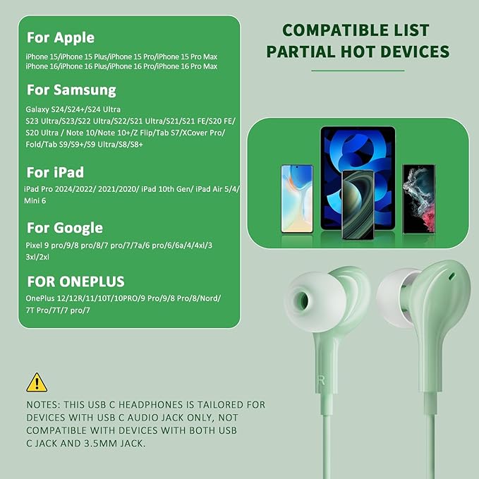 USB C Headphones for iPhone 17 16 15 Pro Max, Wired Earbuds with Mic, Volume Control, Noise Cancelling, Compatible with iPhone 15/16/ 17 Air/iPad Pro/Samsung Galaxy S25/ S24/ S23 Ultra
