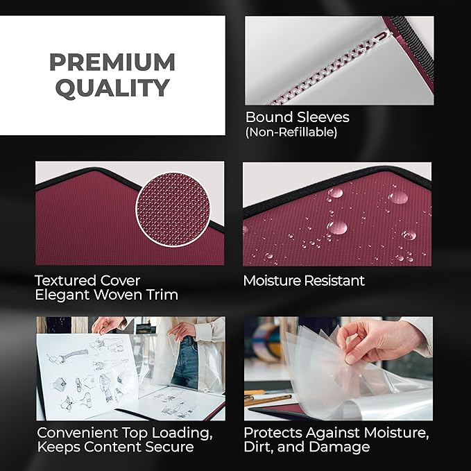 Dunwell 12x18 Art Portfolio Binder with Black Mounting Paper (Ruby), Large Portfolio Folder for Artwork Storage, 24 Sleeves Display 48 Pages, Acid-Free Poly 12 x 18 Presentation Book