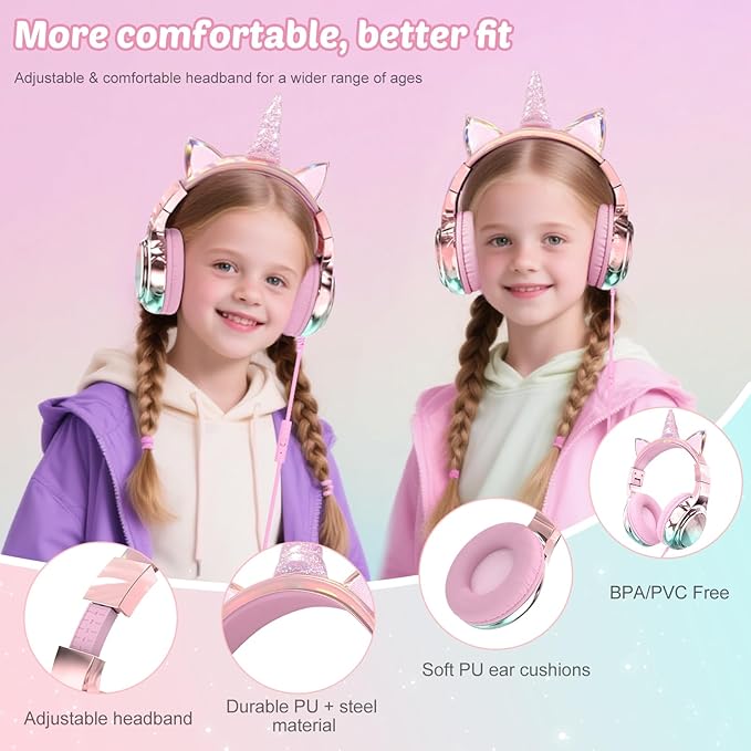 QearFun Kids Unicorn Headphones with USB C for Girls with Microphone, 85/94dB Safe Volume Limiter, Tangle-Free Cord, Share Port, Foldable Sparkly Wired Headset for School, Travel, Tablet, iPad