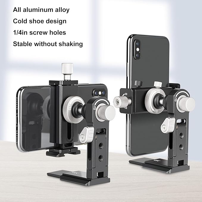 Phone Tripod Mount with Cold Shoe, 64-110mm Adjustable Clamp, Dual 1 / 4in Screw Holes, Universal Smartphone Tripod Adapter for Vlogging and Photography