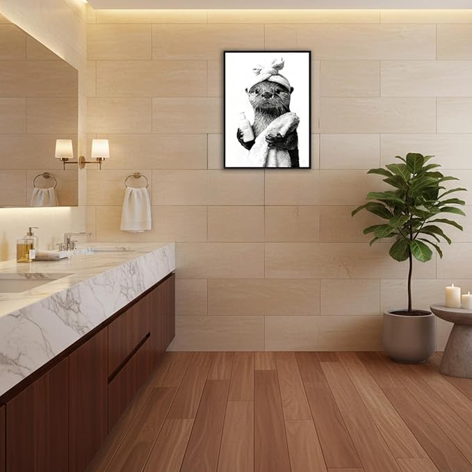 Zhfmoir Funny Otter Bathroom Wall Art, Black and White Otter Canvas Print, Cute Animal Bathroom Decor for Restroom Toilet Washroom, Ready to Hang Wall Artwork 12x16 Inch