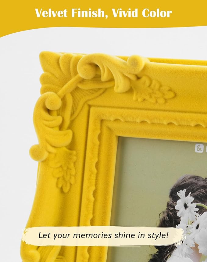 Yellow 5x7 Picture Frame with Stand for Tabletop Wall Display, Ornate Baroque Frame for Art Prints Family Portrait Landscape Paintings Posters, Cute Room Decor for Living Room Bedroom (Yellow)