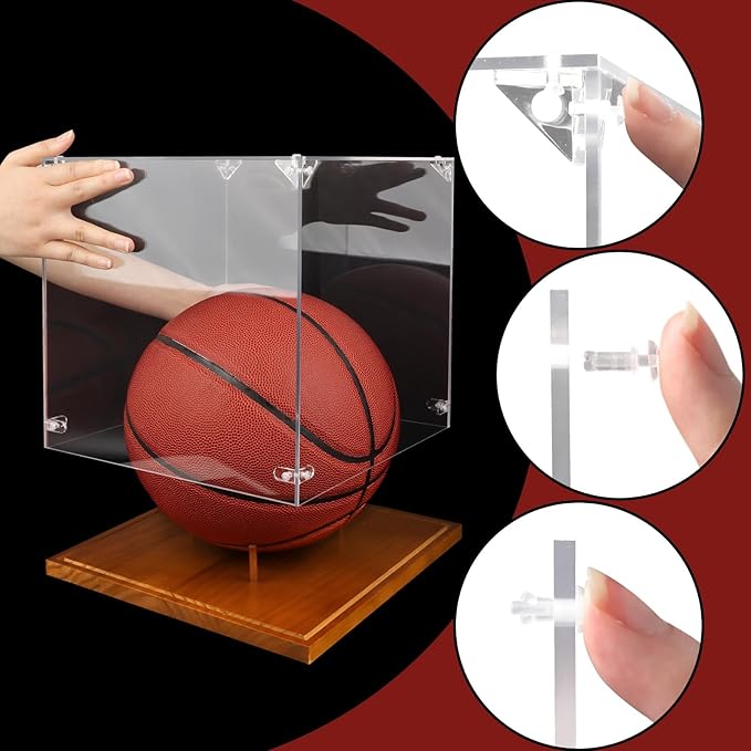 Clear Acrylic Basketball Display Case with Wood Base & Tee, Memorabilia Stand Cube Holder, Dust Protection Transparent Storage Box for Single Ball Souvenir Basketball Collections