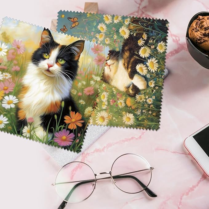 FREEBLOSS 24Pcs Microfiber Cleaning Cloth Cat Pattern Glasses Cleaner Cloths Eyeglass Cleaning Cloth Premium Thick Cloth for Glasses Oil Painting Cleaning Cloth for Window Mirrors 6.3x6.3inch