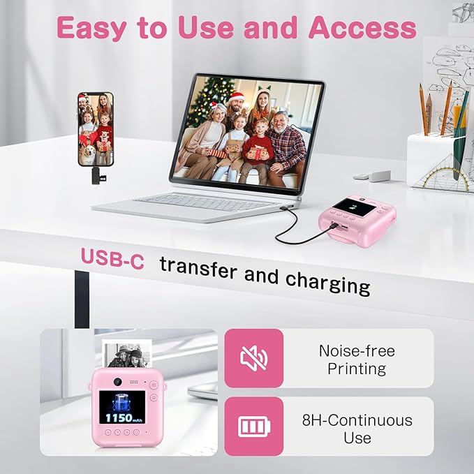 Kids Camera Instant Print, Dual-Lens 48MP Digital Camera for Christmas Birthday Gifts, 1080P Selfie Instant Cameras for Kids with 32GB Card, Instant Print Digital Camera for Girls Boys-Pink