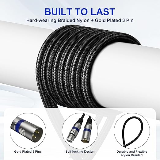 Professional 2 Pack 100FT XLR Cables, Noise Free and Long-lasting Braided XLR Microphone Cable, All Copper Conductors Balanced Male to Female Mic Cable for Studio Monitor, Mixer, DMX, Blue+Black