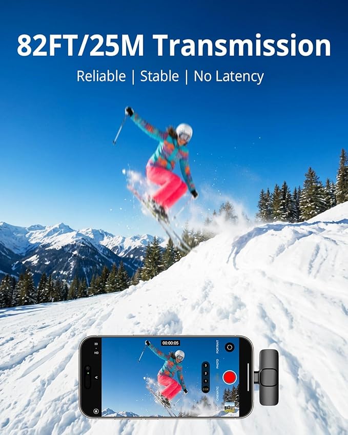 Wireless Lavalier Microphone for iPhone - Android, iPad, Tablets, Bluetooth Mini Microphone with Noise Canceling,82FT Transmission,6H Battery Life, Professional Lapel Mic for Video Recording