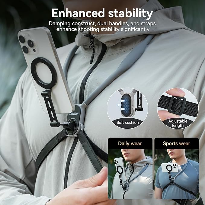 TELESIN° Max Magnetic Neck Mount for Phones, POV/Vlog Neck Phone Holder w Fixing Chest Strap Selfie Mount Hand Free Phone Neck Holder Stand Video Recording for iPhone Android Phones (Gray)
