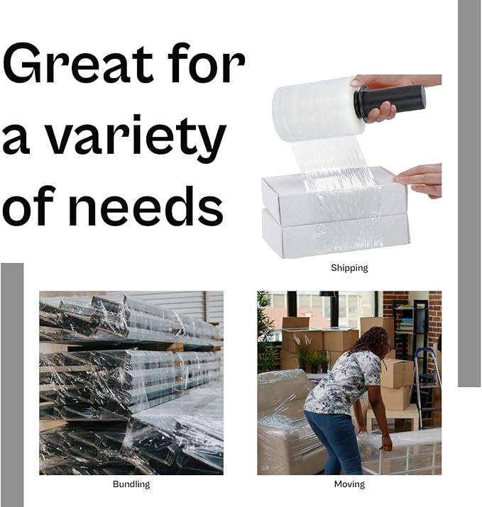 PSBM 12 Rolls 5 Inch x 1000 Feet 80 Gauge Mini Stretch Film/Wrap with Plastic Handle, Heavy Duty Industrial Strength Clear Shrink/Plastic Wrap for Moving, Packing, Shipping, Bundling & Storage