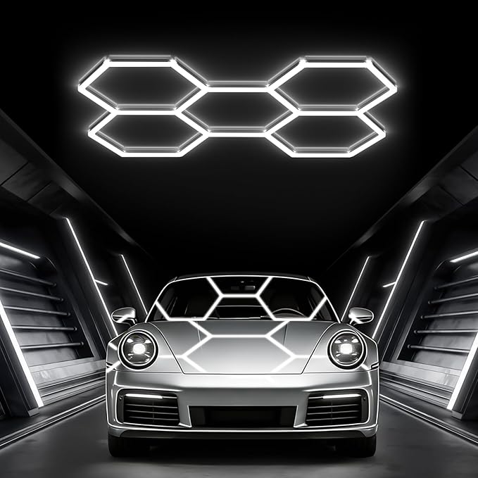 Glitgate Hexagon LED Garage Light, 168W 18480LM 5-Grid Honeycomb Hex Lighting System, 6500K Ultra Bright Ceiling Light for Garage, Car Detailing Shop, Workshop, Basement, Gym