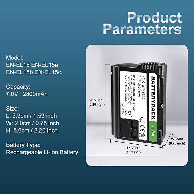 EN-EL15 7V 2800 mAh 2-Pack Rechargeable Lithium Ion Battery Pack, Compatible with Nikon D850 D750 D810 D500 Z8 Z6 Z7 II Z5 D7500 D800 D800E D810A D600 D610 1 V1,USB Power delivery & Charge