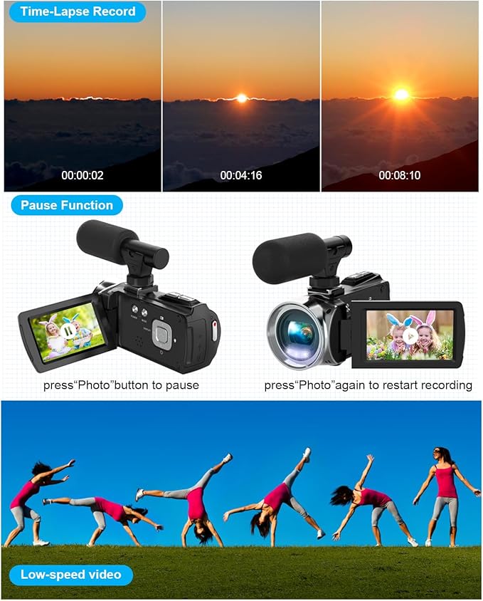 Rawiemy Video Camera Camcorder FHD 4K 36MP Vlogging Camera for YouTube Video Recorder 3.0" 270 Degree Rotation Screen Video Cameras for Filming with Microphone,32GB SD Card (Black)