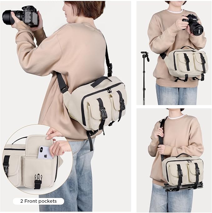 Camera Sling Bag,DSLR Camera Bag with Tripod Holder,Waterproof Camera Shoulder Crossbody Bag for Photographers (Beige)