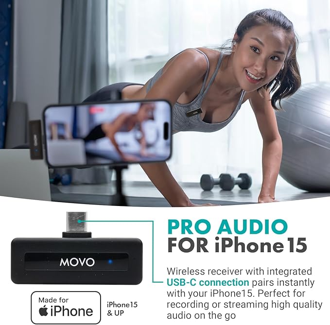 Movo Mini USB-C Duo Wireless Microphone for iPhone 15/16/17 and up - Ultracompact Microphone for iPhone 15/16/17 with Clip on Wireless Lavalier Mic