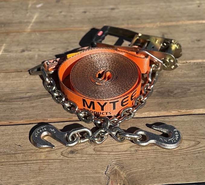 Mytee Products 2" x30' Orange Ratchet Strap with Chain Anchor - 4000 Lbs WLL High Abrasion Heavy Duty Tie Down Cargo Truck Straps with Chan Anchor for Flatbed, Truck, Trailers, Pickup