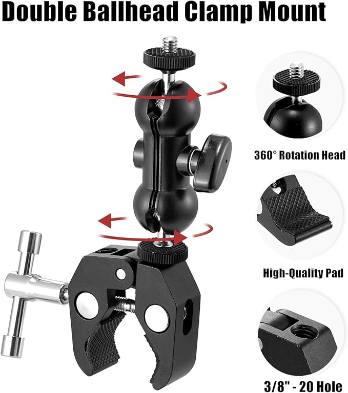 WANBY Double Ballhead Magic Arm Camera Clamp Mount Monitor Mount Bracket with Super Clamp with 1/4" and 3/8" Thread for DSLR Camera Rig, LCD Monitor, LED Flash Lights
