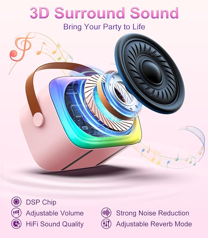 TiMOVO Mini Karaoke Machine, Portable Bluetooth Speaker with 2 Wireless Microphones and LED Lights, Birthday Gifts for Family Home Party, Pink