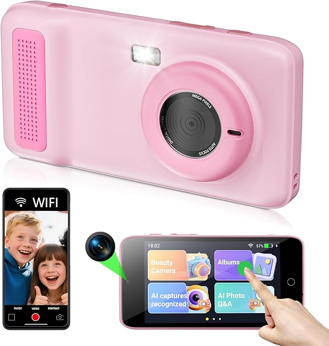 AI Digital Camera,AI Kids Camera Everything Recognition for 4 to 12 Years Old Girls Boys, Dual Lens,2.4GHz Wi-Fi,4" LCD Touch Screen,Gift Ideas for Birthday Christmas Festival
