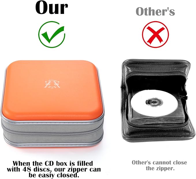 alavisxf xx 48 Capacity Hard Plastic DVD Case Portable Zipper CD Case Holder Large Storage Disc Wallet Bag for Car Home Travel (Orange)
