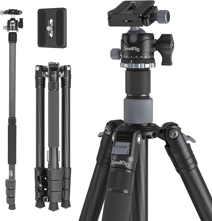 SmallRig AP-20 Carbon Fiber Tripod, 62.2" Camera Tripod Monopod with Center Column, Compact Lightweight Tripods with 360° Ball Head, Payload 26.5 lbs, Quick Release Plate, for DSLR Camera - 4059