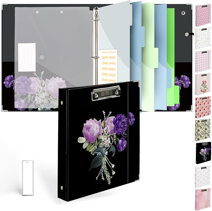 Etzul 3 Ring Binder 1 inch with Clipboard - Purple Roses Bouquet Design, Includes Dividers, File Bag & Spine Label - Bold and Sophisticated for Office or School, Holographic Waterproof Film