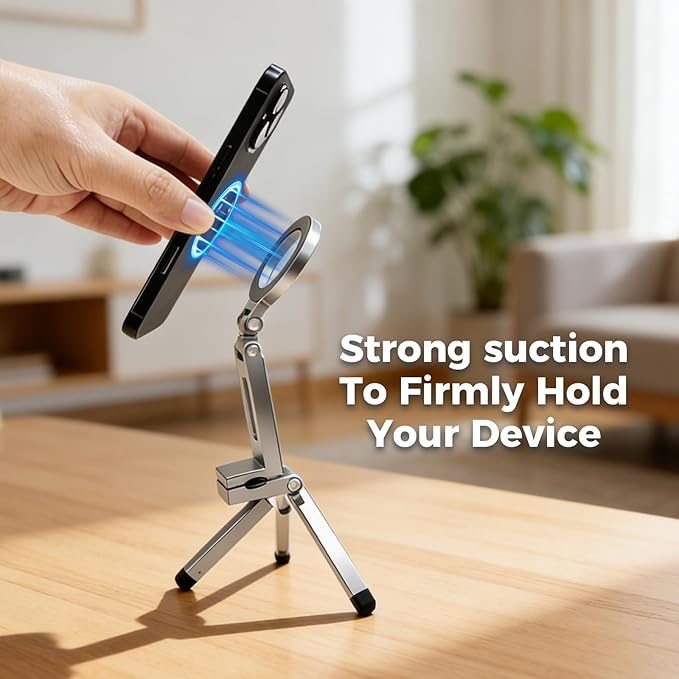 Magnetic Phone Tripod Stand, 360° Rotating Foldable Aluminum Mount for All Phones, Strong Magnetic Grip, Telescopic Adjustable Design for Desk, Travel, Photography, Live Streaming, and Video Calls