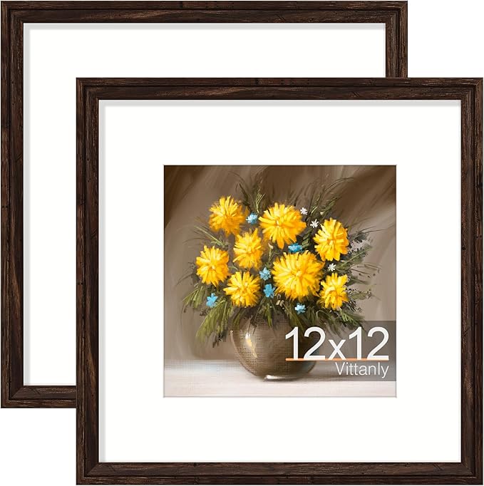 Vittanly 12x12 Picture Frames Set of 2, Ornate Vintage Photo Frame for Wall or Tabletop, Display 8x8 Pictures with Mat or 12x12 without Mat, Rustic Brown