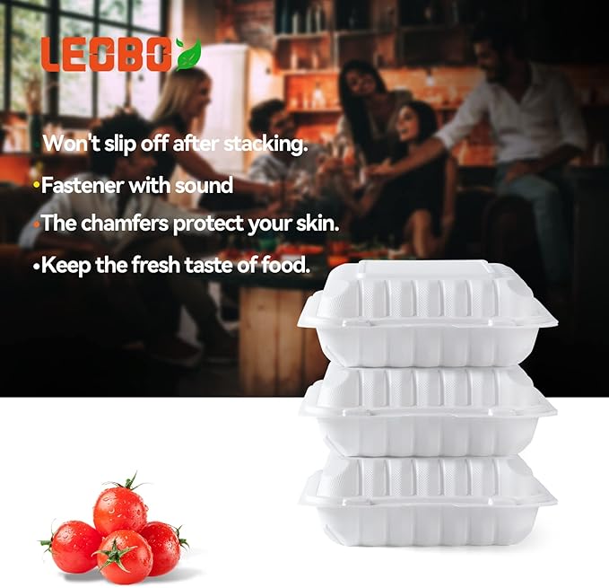LEOBOX Takeout Container Mineral Filled PP Plastic - 8 Inch 34oz 55 Pack | Shrink Wrap BPA Free To Go Boxes | Reusable Dishwasher Microwave Freezer Safe for Food Delivery | White Disposable Containers